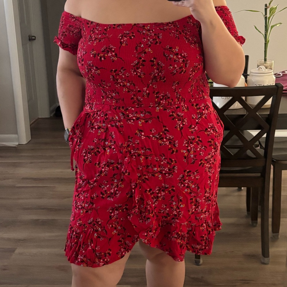 Xhilaration Red Floral Off-Shoulder Dress